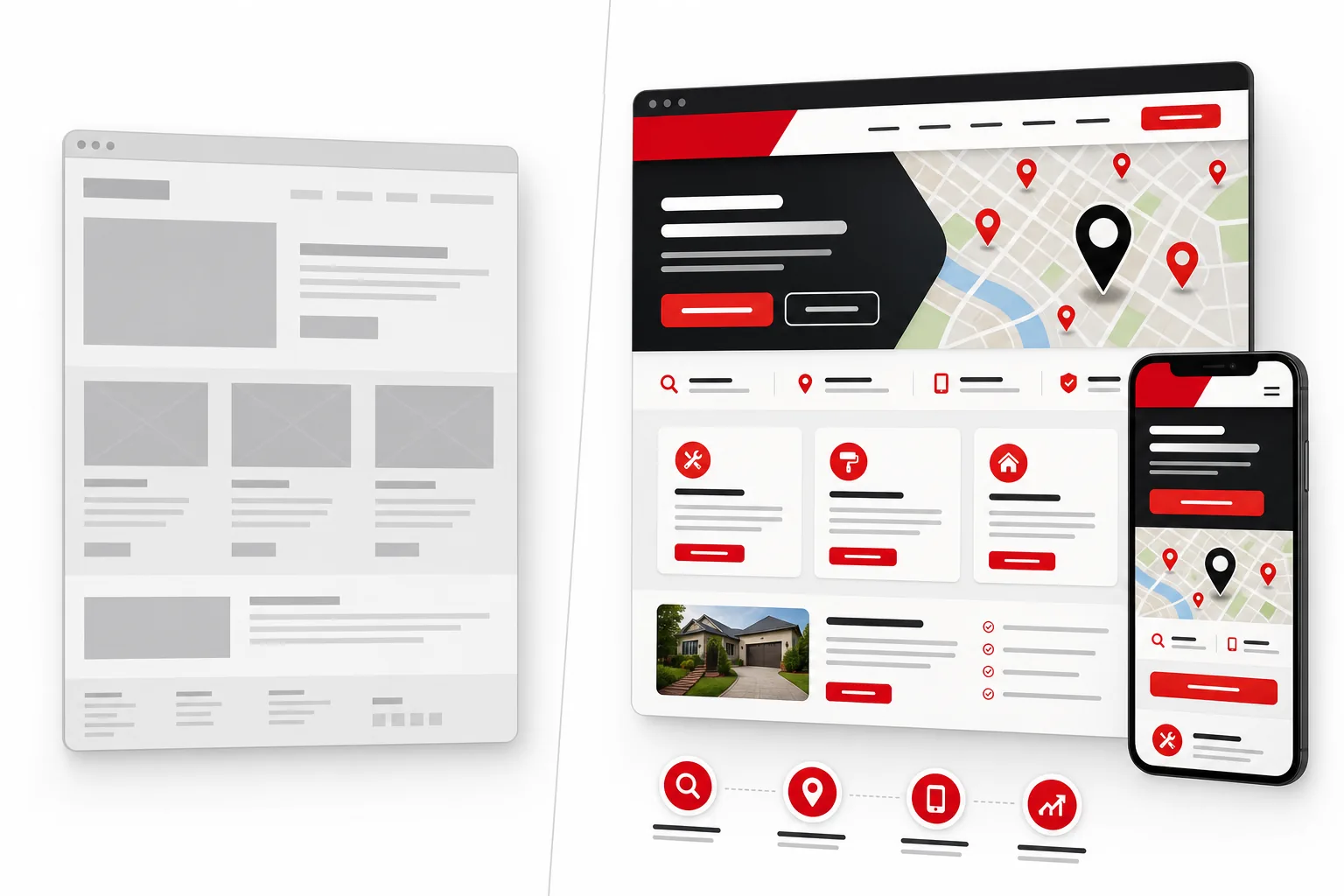 Before and after visual showing a weak small-business website rebuilt into a stronger local search-ready site
