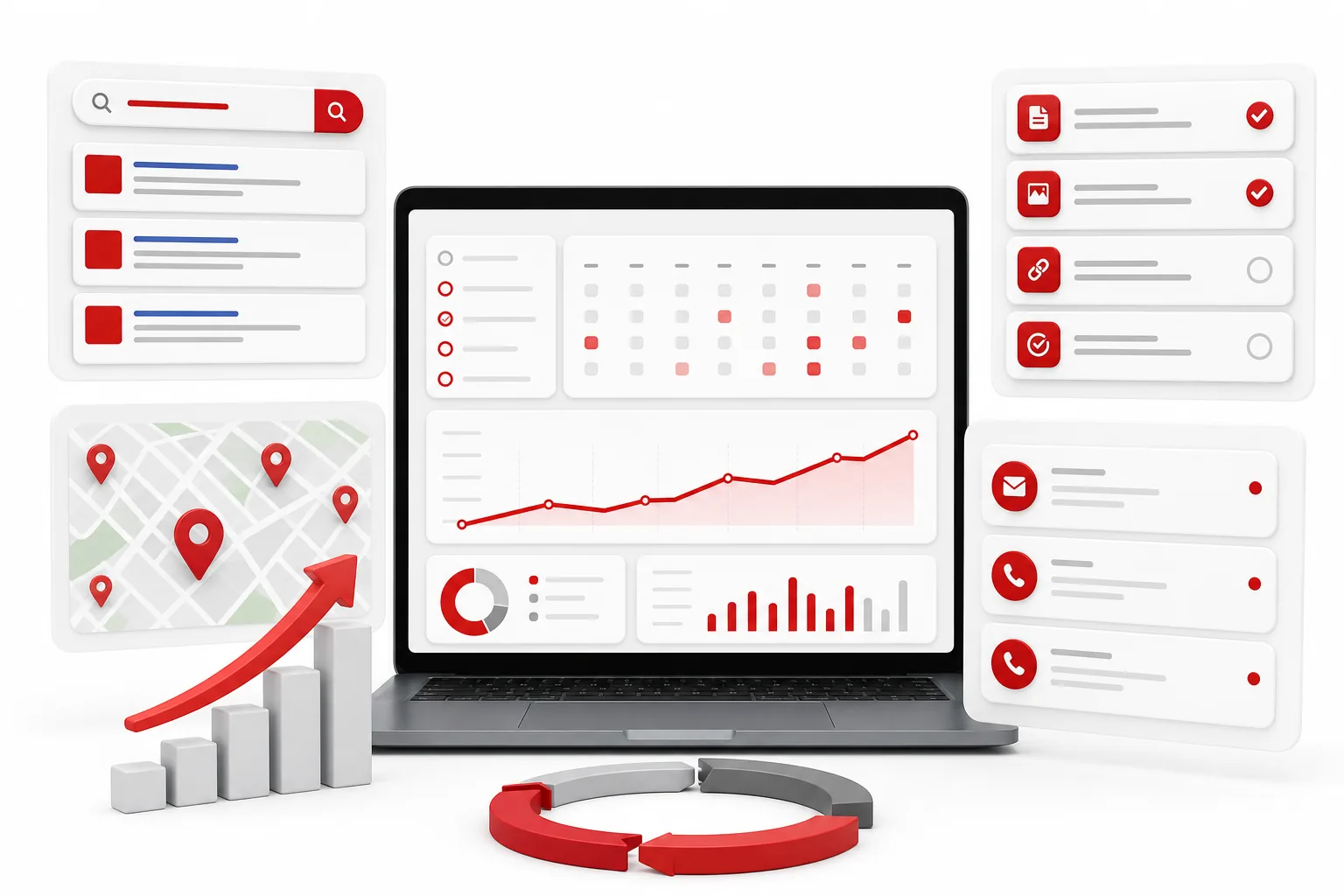 Ongoing website growth visual showing search visibility, local map signals, traffic improvement and enquiry activity