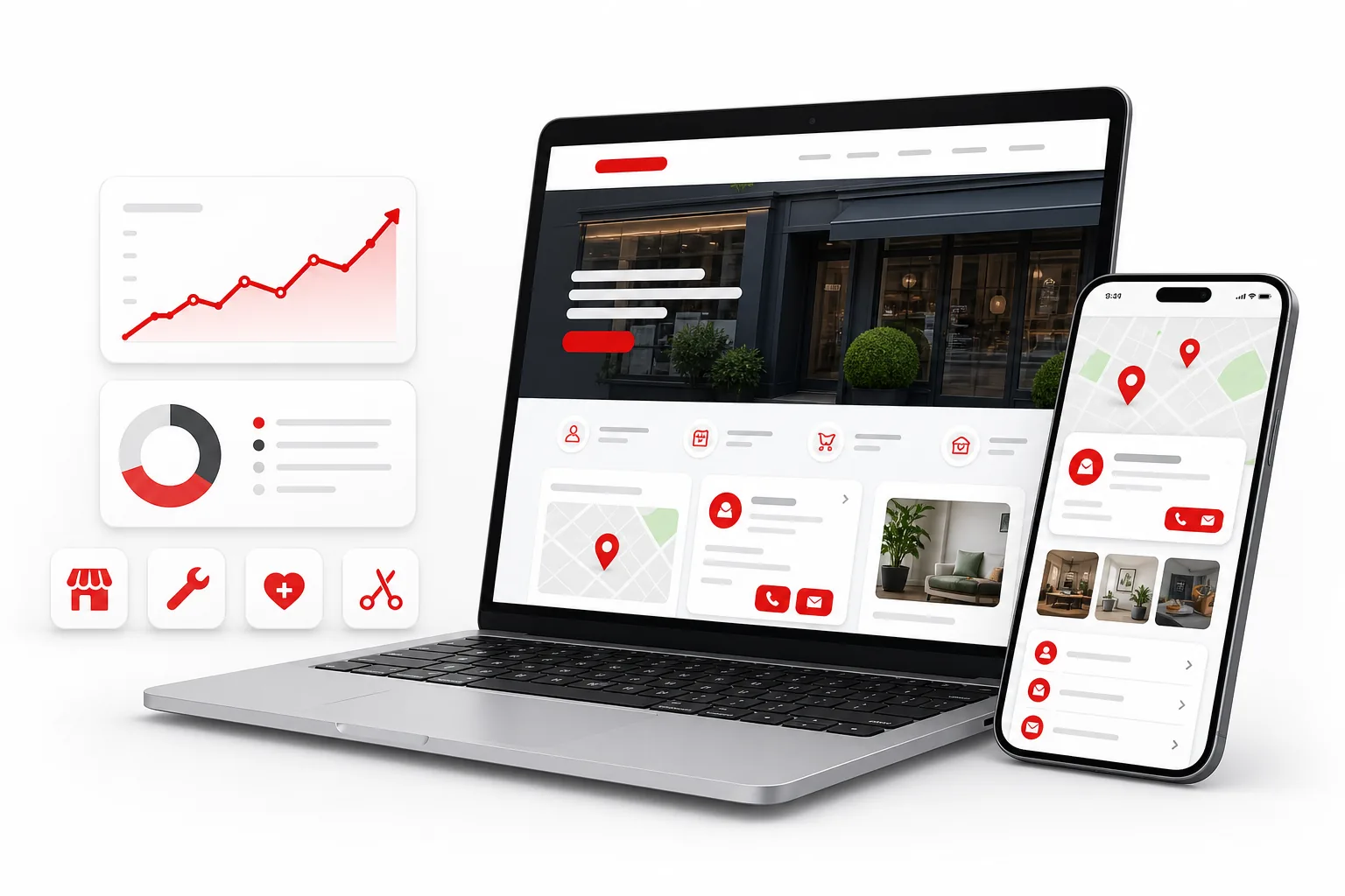 118 118 Sites product visual showing a local business website, search map pins and enquiry tools on laptop and mobile